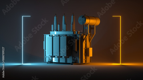 Industrial power transformer 3d render on dark abstract background with futuristic teal and orange neon lighting and glowing side frames, ideal for energy or advanced technology concept visualization