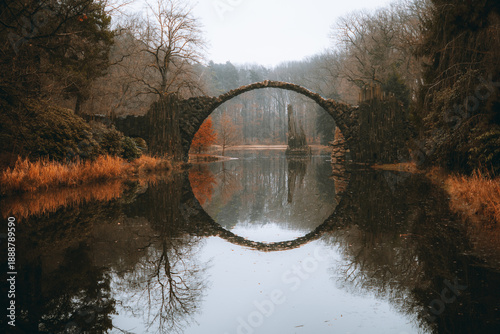 round bridge in moody autumn with reflection in water