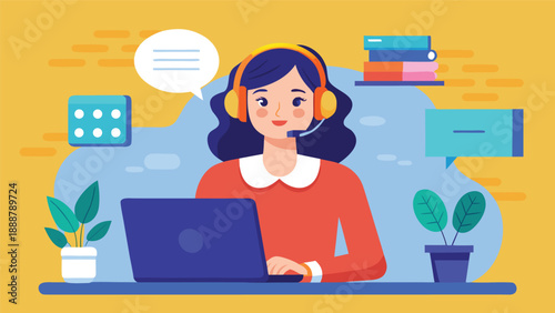 A cheerful customer service representative assists clients through her computer. Wearing a headset and smiling, she provides friendly support, surrounded by books and office plants in a calm workspace