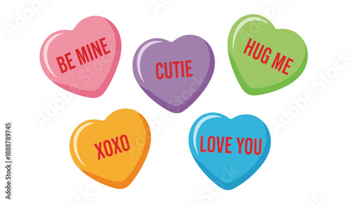 Colorful candy hearts with cute messages on for valentines day or love themed designs and decorations