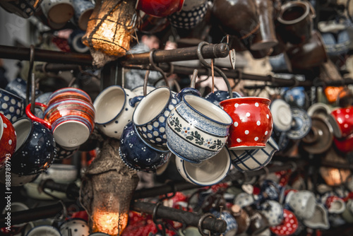 colorful old medieval cups on wood