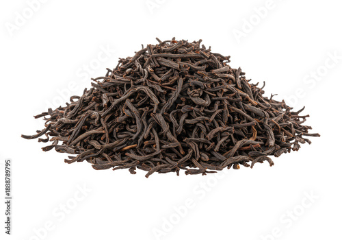 Premium loose-leaf black tea, mahogany chestnut, matte texture, transparent background, copy space, soft shadows, luxury organic beverage ad concept
