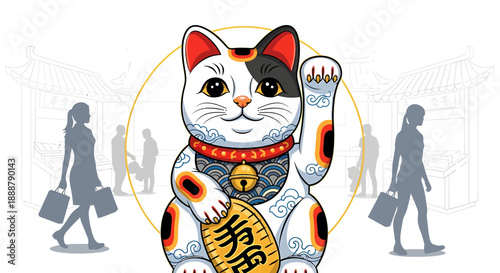 Smiling Lucky Cat Beckoning Prosperity to Shoppers Amidst a Lively Asian Street Market and Traditional Buildings, Representing Good Fortune and Commercial Success