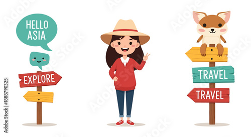 Cute cartoon girl and fox with travel direction signs promoting exploration and adventure
