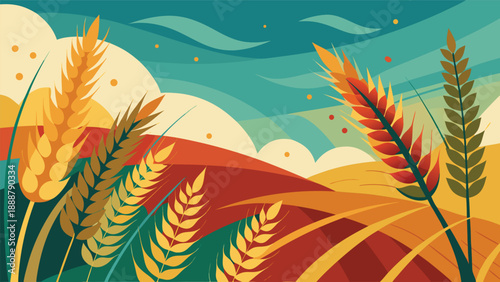 A vibrant and stylized depiction of wheat fields in warm shades of yellow and orange, set against a serene sky with gentle blue and teal hues, evoking a peaceful, bountiful harvest scene