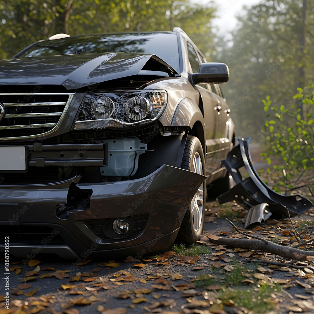 Fototapeta premium Damaged black car with broken front bumper on forest road
