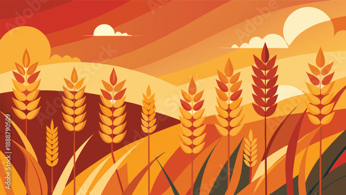 A vibrant and stylized depiction of wheat fields in warm shades of yellow and orange, set against a serene sky with gentle blue and teal hues, evoking a peaceful, bountiful harvest scene