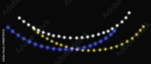 Three graceful arcs of glowing white, golden, and blue lights create a festive display   vector illumination