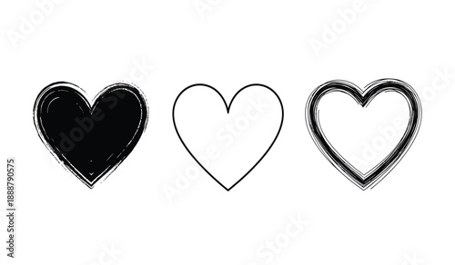 Three hand drawn hearts in black and white