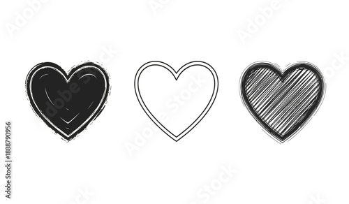 Three hand drawn hearts in black and white on isolated with different shading techniques