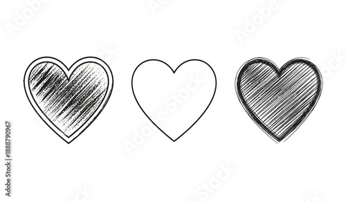 Three hand drawn hearts with different shading techniques