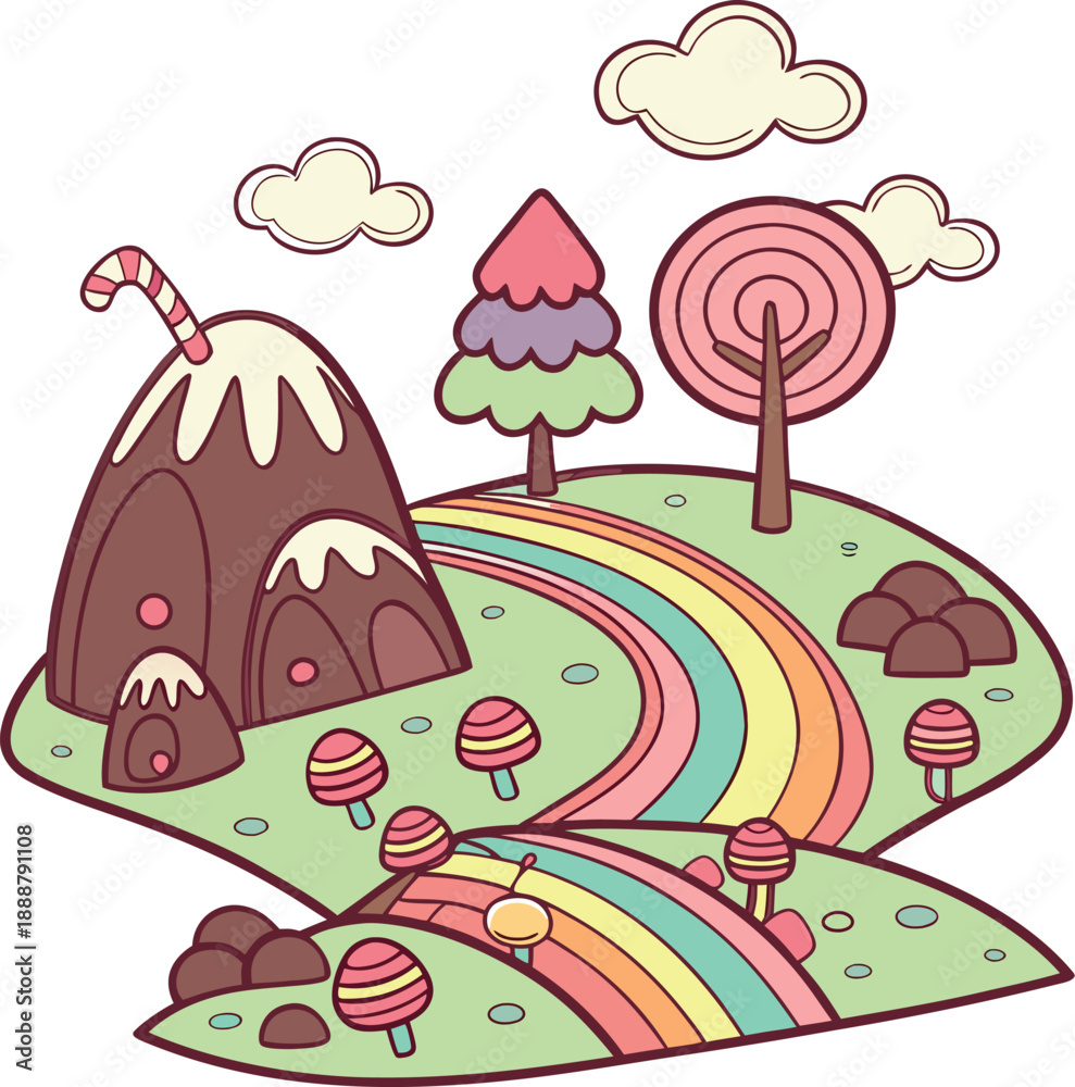 Fototapeta premium Seamless pattern of a cute cartoon autumn landscape with rainy clouds, trees, and colorful umbrellas in a nature-inspired vector art design