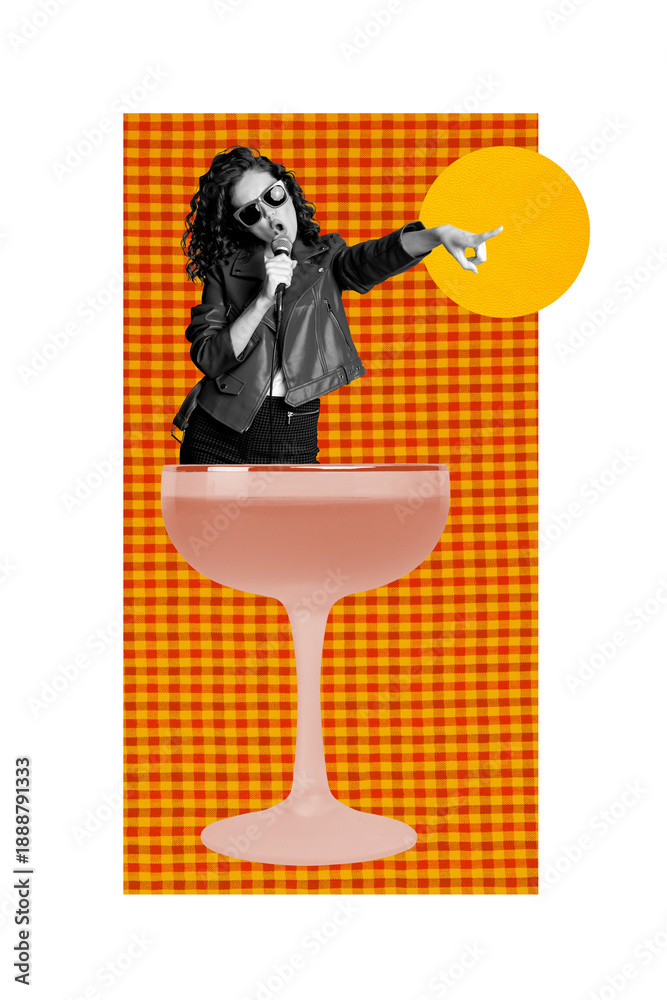 Obraz premium Template collage design trend artwork 3D sketch of alcohol toast glass friday relax weekend occasion rest nightclub young woman sing song