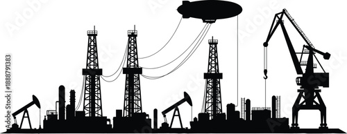 Oil drilling and production industry silhouette, offshore cranes pumpjacks rigs airship, black vector energy infrastructure panorama isolated white background illustration