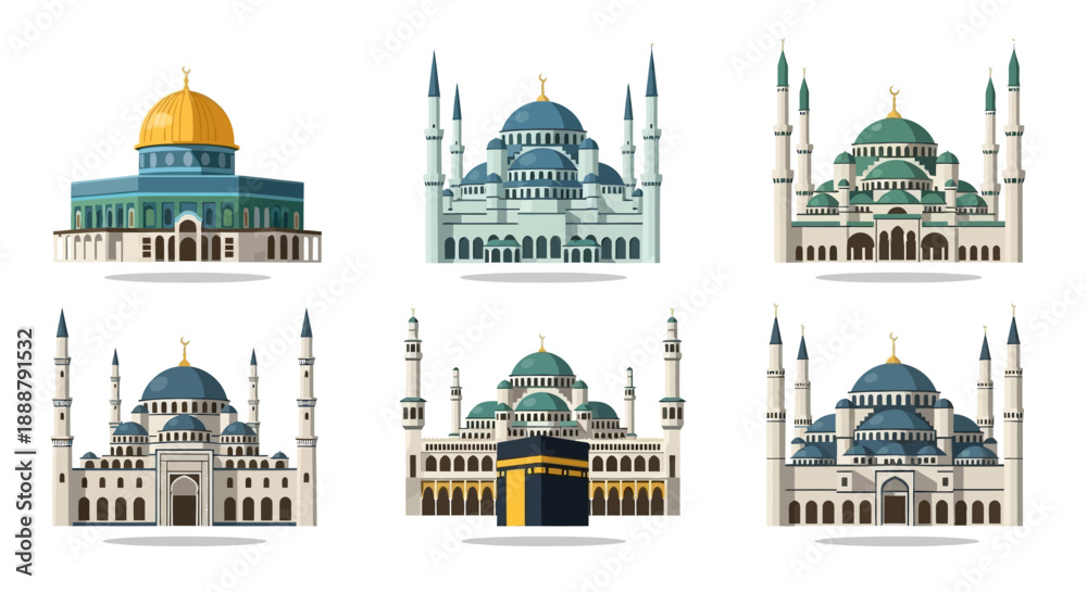 Obraz premium Six_flat_design_illustrations_of_various_mosques_and_the_Kaaba_shrine.