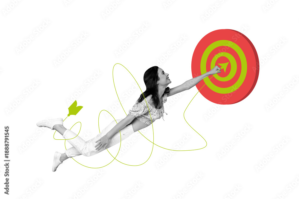 Obraz premium Composite trend artwork 3D sketch image photo collage of arrow show direction young lady fly achieve aim goal target business success