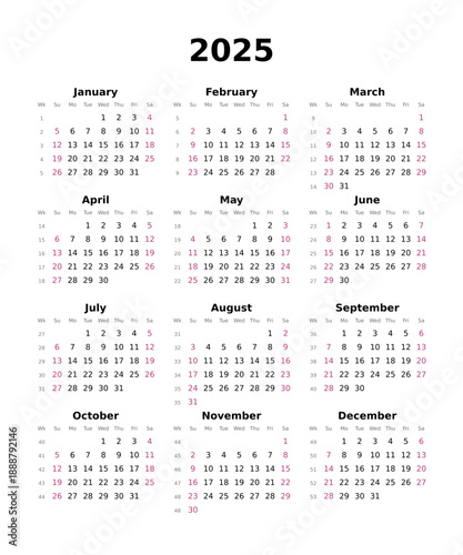 Kalender 2025 mit Wochenzählung, englisch, erster Wochentag ist Sonntag, Hochformat	