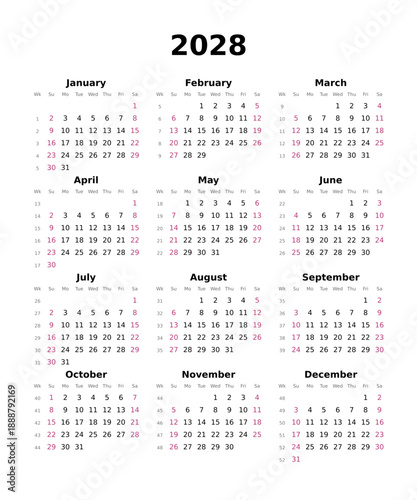 Kalender 2028 mit Wochenzählung, englisch, erster Wochentag ist Sonntag, Hochformat	