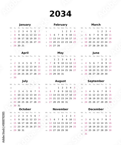 Kalender 2034 mit Wochenzählung, englisch, erster Wochentag ist Sonntag, Hochformat	