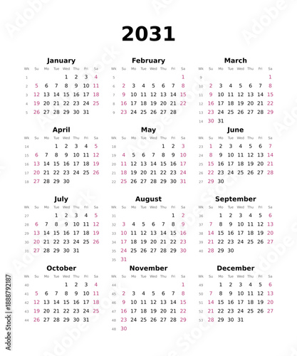 Kalender 2031 mit Wochenzählung, englisch, erster Wochentag ist Sonntag, Hochformat	