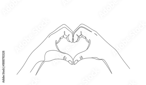 A minimalist line drawing of two hands forming a heart shape with their fingers