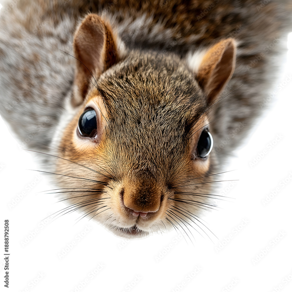 Obraz premium A close up playful portrait of a squirrel looking down from an upside down perspective against a clean white background