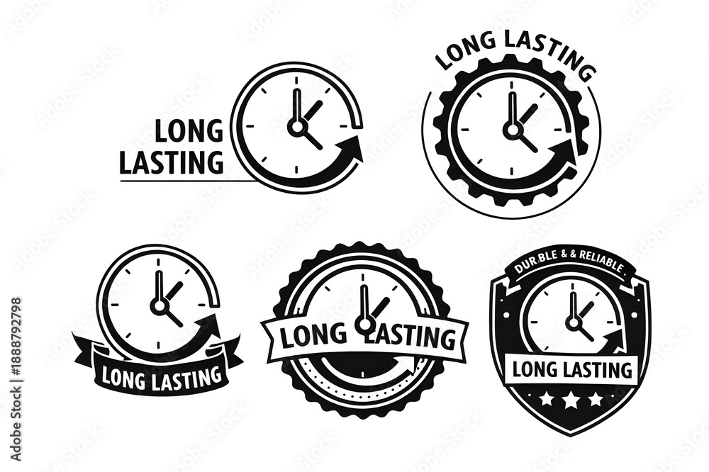 Obraz premium Long Lasting Vector Badges Set with Clock Icon, Arrow, and Text