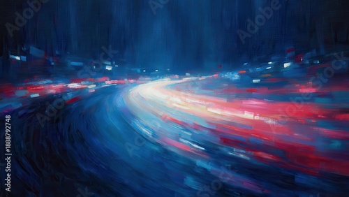 夜の道路を走る光跡を描いた交通イメージ抽象画