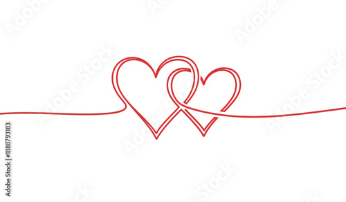 Two intertwined red hearts on a line, symbolizing love and connection in a simple, elegant design