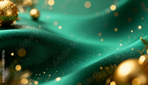 Festive Christmas background with green velvet fabric and golden ornaments. Holiday celebration with shimmering bokeh lights. Copy space