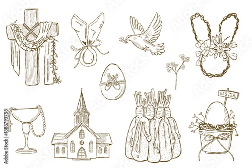 Set of Easter religious symbols and traditional holiday elements