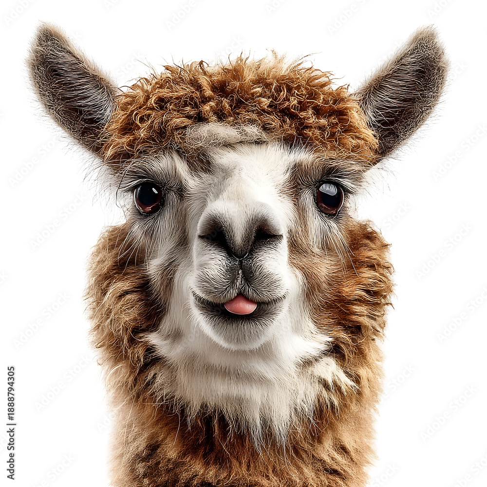 Obraz premium Close up portrait of a funny alpaca sticking its tongue out isolated on a white background