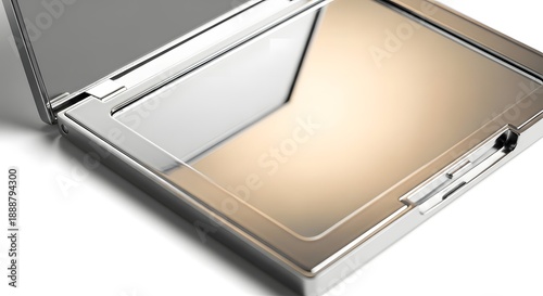 Close-up on a sleek, open silver compact mirror with a polished reflective surface, ideal for makeup touch-ups and beauty routines.