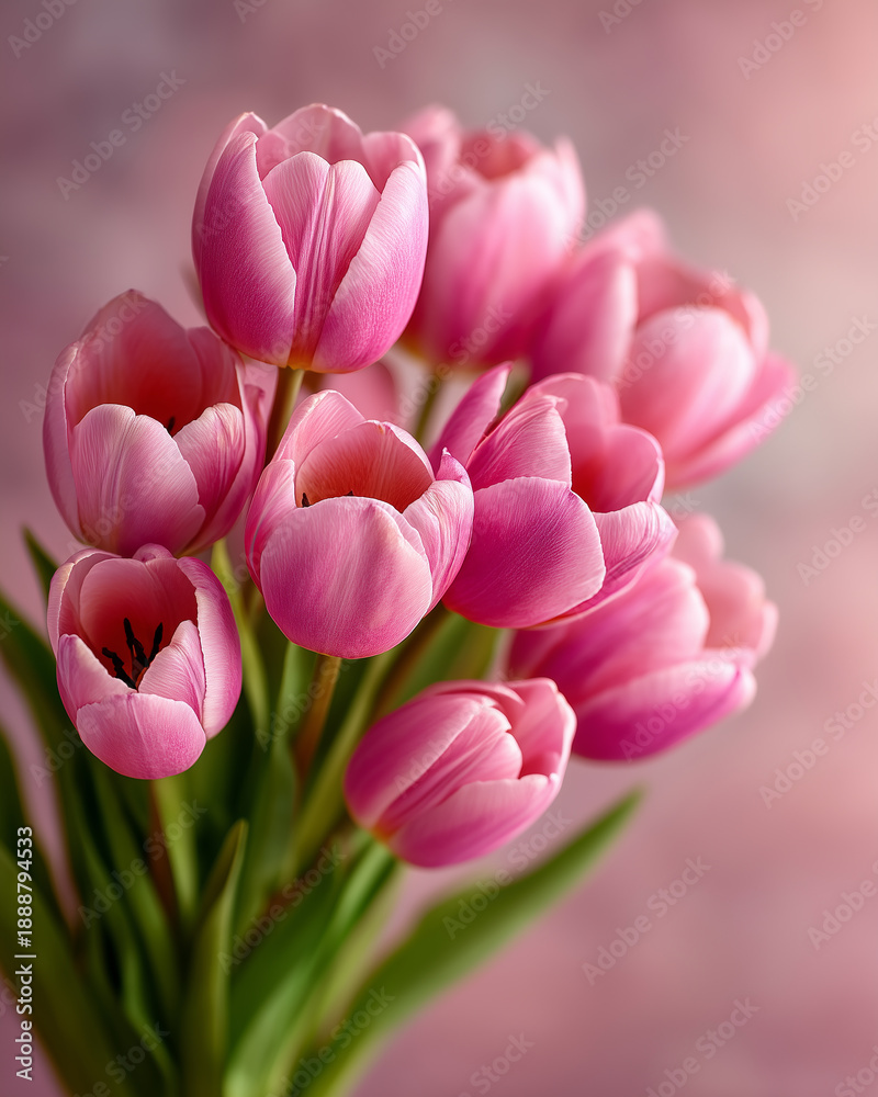 Fototapeta premium Elegant bouquet of fresh pink tulips on a soft blurred background. Concept of spring, femininity, greetings for Mother's Day, March 8 and romantic events.