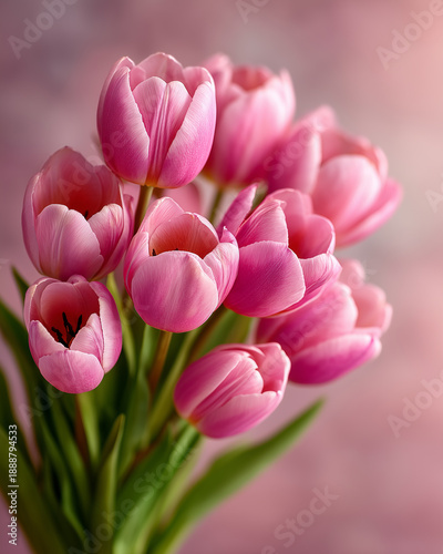 Elegant bouquet of fresh pink tulips on a soft blurred background. Concept of spring, femininity, greetings for Mother's Day, March 8 and romantic events.