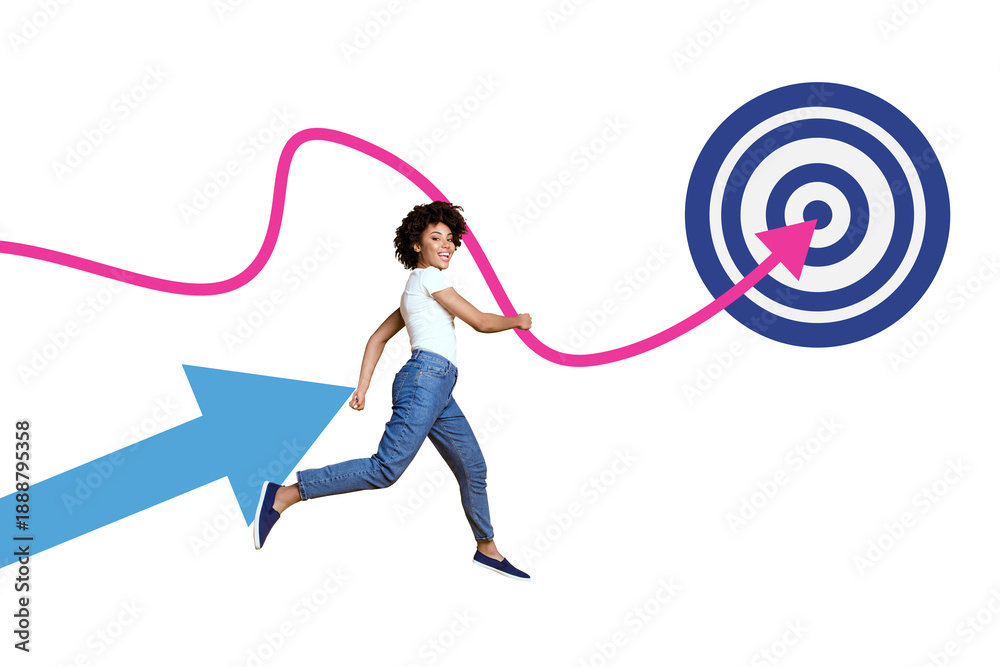 Fototapeta premium Creative artwork template sketch image 3D collage of young lady walk arrow aim business motivation target purpose up strategy goal success