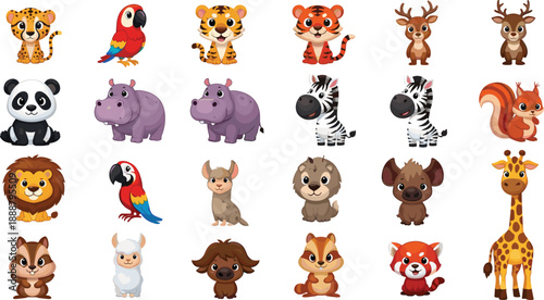 Cute Cartoon Animal Grid Featuring Diverse Wildlife Characters with Big Eyes, Stylized Shapes, Playful Expressions, and Educational Decorative Illustration Appeal
