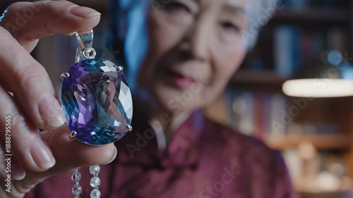 Elderly woman holding a large iolite pendant