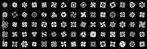 Flowing spiral and swirl logos. Collection of round logos featuring, spirals, and vortex elements. Abstract symbols for branding, identity, and corporate design. Flat style 