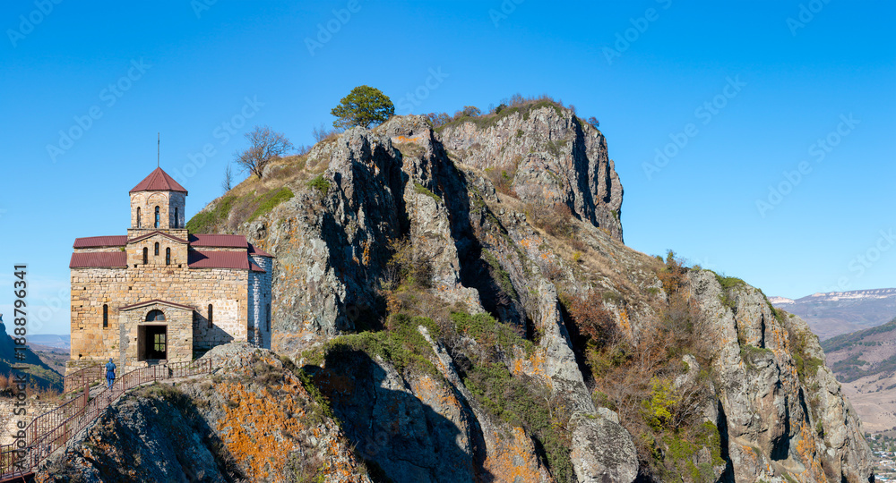 Fototapeta premium Panorama of Shoani Church, a stone medieval Alanian Christian orthodox temple