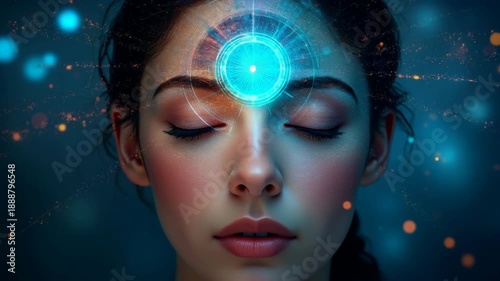 A mystical visual background designed for meditation, focusing on the concept of awakening the third eye. Radiant energy emanates from the forehead area, symbolizing inner vision, higher consciousness