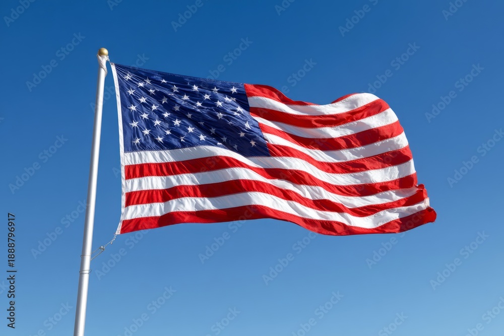 Fototapeta premium American Flag Waving Strongly in Open Sky During Bright Midday Sun