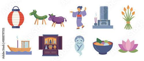 Set of 10 icons depicting Obon festival symbols in flat design  