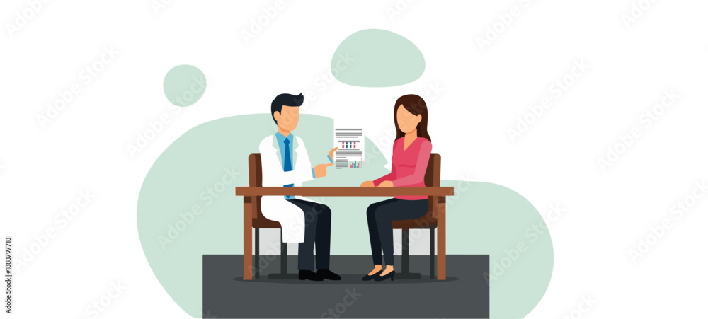 Fototapeta premium Friendly male doctor explaining test results from a clipboard to a female patient during a consultation in his modern and bright clinic office.