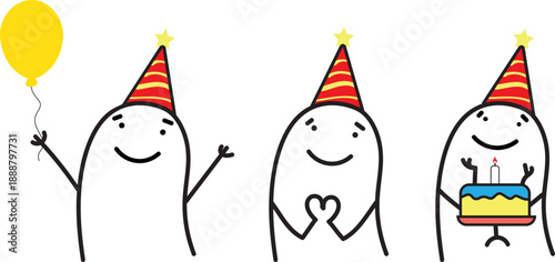 Simple and comic doodle character celebrating a birthday with a balloon, cake, and making a heart gesture with hands