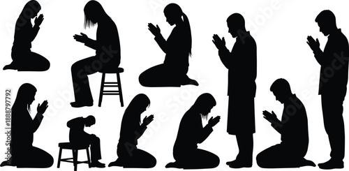 Set of black silhouettes of praying men and women kneeling standing and sitting, isolated vector illustration for religion faith and spiritual concepts