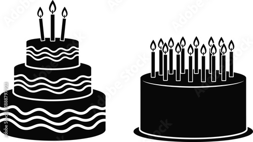 Large black silhouettes of a three tiered birthday cake and a round celebration cake with many candles, minimalist vector illustration for anniversaries,