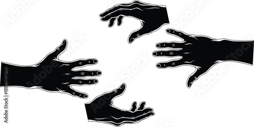 Set of four black hand silhouettes reaching towards center in a circle, isolated vector illustration for community, help, charity, and teamwork concepts