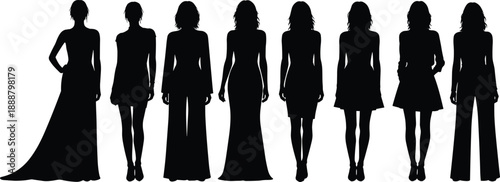 Set of eight diverse women silhouettes wearing various elegant outfits including evening gowns, summer dresses, professional suits, and casual skirts for fashion design illustration,