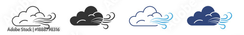 Wind Weather Icon Set. Cloud with Strong Breeze and Gust Symbols. Storm Forecast and Air Flow Collection. Vector Illustration.